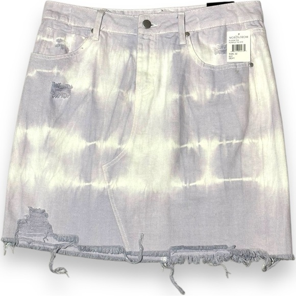 PTCL NWT Chic Lilac and White Tie-dye Denim Distressed Mini Skirt Waist Size 32 - Picture 13 of 16